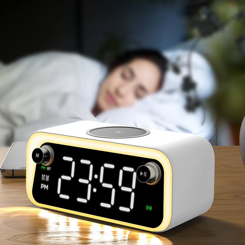 Hot Multi-Function Creative Bluetooth Speaker Wireless Charger Touch Digital Alarm Clock with Led Night Light FM Radio
