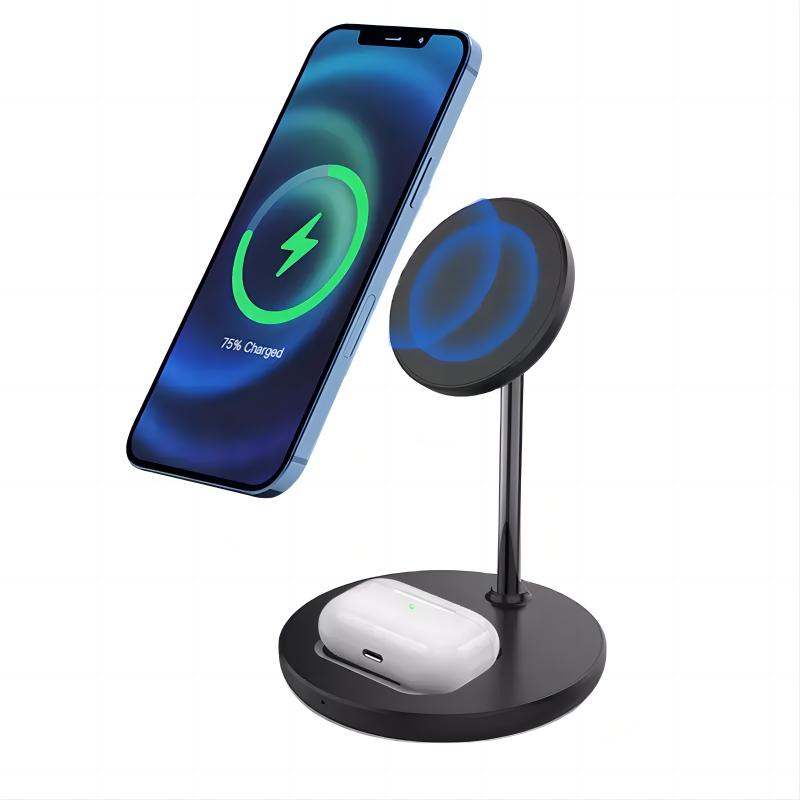 Mini size 2 in 1 magnetic 15W fast charging station Multifunction Magnetic Fast Wireless Charger Stand for Mobile Phone