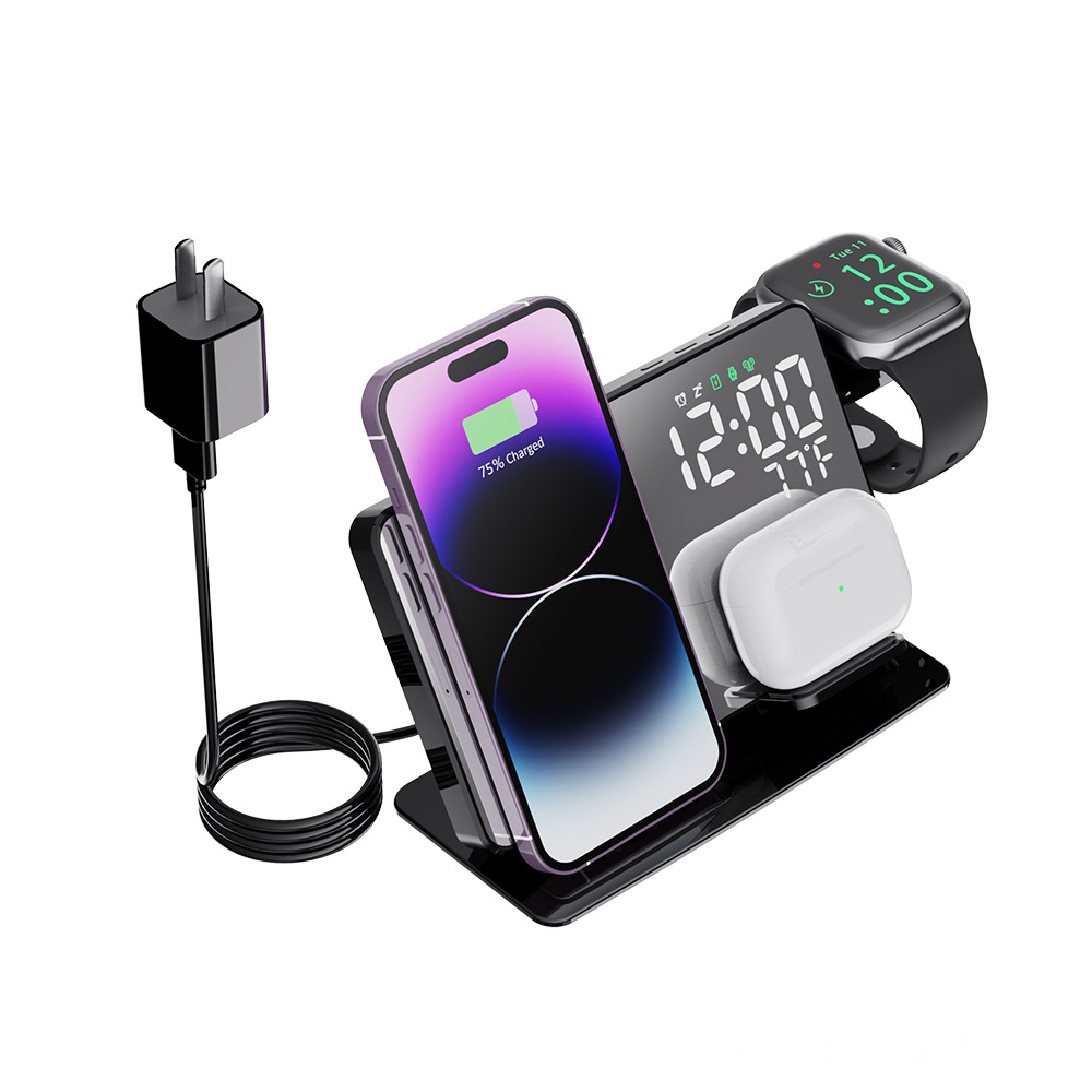 Popular Products 2023 Trending 15W 4 in 1 LED Digital Display Alarm clock Wireless Charger Stand 3 in 1 Wireless Charging